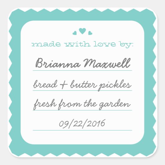 Blauwgroen Scallop Hearts Food Gift Label Vierkant (Voorkant)