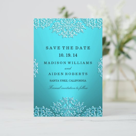 Blauwgroen  schadeweddenschappen bewaren de datum save the date (Staand voorkant)