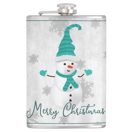 Blauwgroen schattige sneeuwman vakantie kolf heupfles (Voorkant)