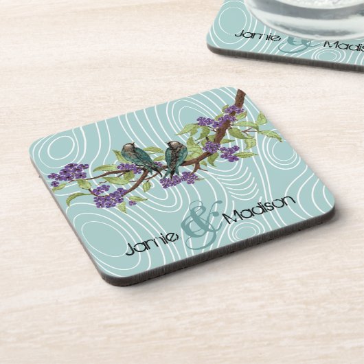 Blauwgroen Schattigee Tortelduifjes Zittend in Boo Onderzetter (Linkerzijde)