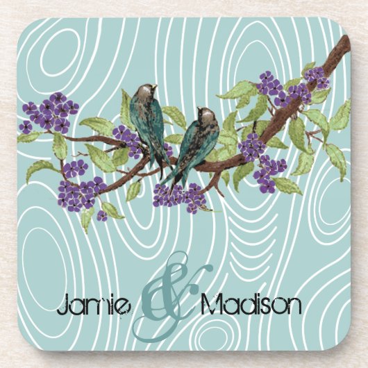 Blauwgroen Schattigee Tortelduifjes Zittend in Boo Onderzetter (Voorkant)