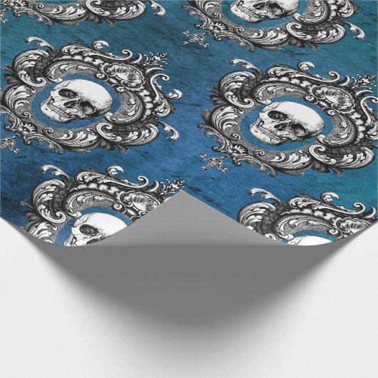 Blauwgroen schedel cadeaupapier (Hoek)