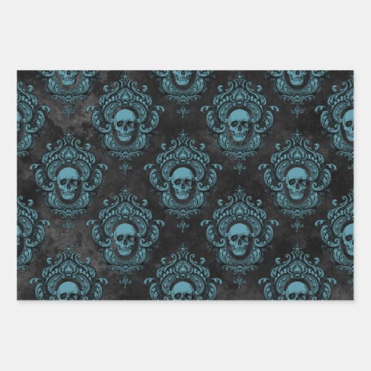 Blauwgroen schedel en donkergrijze gothiek inpakpapier vel (Voorkant)