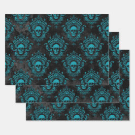 Blauwgroen schedel en donkergrijze gothiek inpakpapier vel