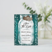 Blauwgroen Schuur Hout String Lights Mason Jar Wed Aankondigingskaart (Staand voorkant)