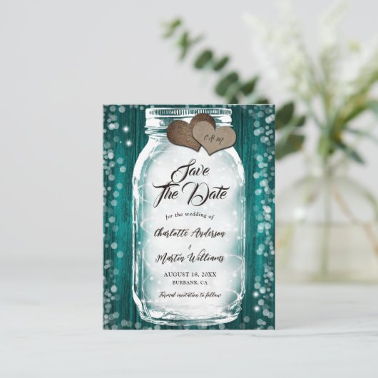 Blauwgroen Schuur Hout String Lights Mason Jar Wed Aankondigingskaart (Staand voorkant)