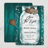 Blauwgroen Schuur Hout String Lights Mason Jar Wed Save The Date (Voorkant / Achterkant)