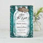 Blauwgroen Schuur Hout String Lights Mason Jar Wed Save The Date (Staand voorkant)