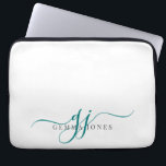 Blauwgroen Script Monogram Initialen minimalistisc Laptop Sleeve<br><div class="desc">Een chique modern stijlvol blauwgroen script initialen monogram op wit,  met een dramatisch script initiaal met swashes en je volledige naam in een modern serif type.</div>