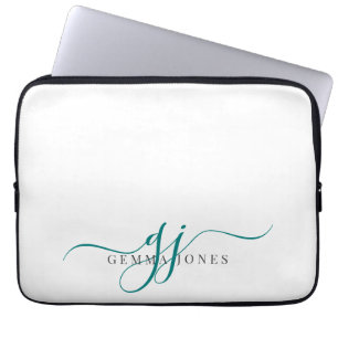 Blauwgroen Script Monogram Initialen minimalistisc Laptop Sleeve