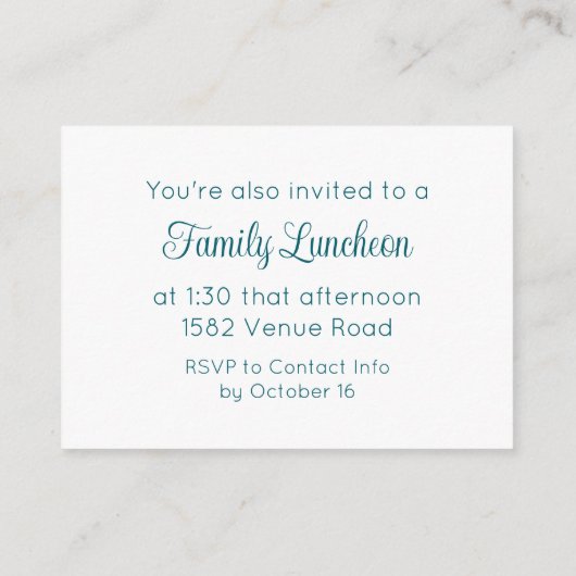 Blauwgroen Script Temple Sealing & Meal Invitation Informatiekaartje (Achterkant)