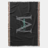 Blauwgroen scriptnaam, groot grijs monogram op zwa deken (Voorkant Verticaal)
