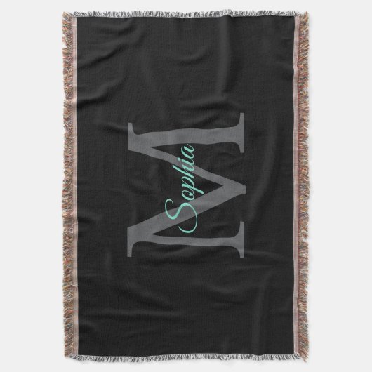 Blauwgroen scriptnaam, groot grijs monogram op zwa deken (Voorkant Verticaal)