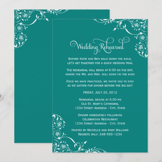 Blauwgroen Scrolls Wedding Rehearsal and Dinner Kaart (Voorkant / Achterkant)