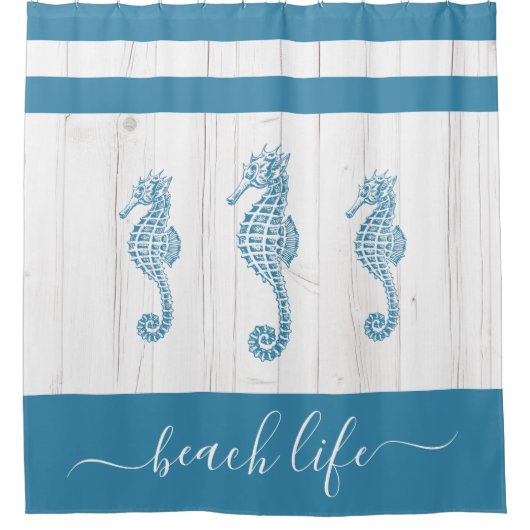 Blauwgroen Seahorse Beach Life Script wit rustiek  Douchegordijn (Voorkant)