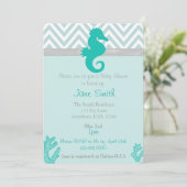 Blauwgroen Seahorse Beach Thema Baby shower Uitnod Kaart (Staand voorkant)