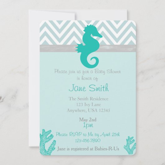 Blauwgroen Seahorse Beach Thema Baby shower Uitnod Kaart (Voorkant)