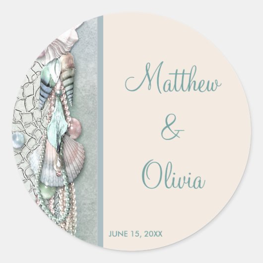 Blauwgroen Seashells Pearls Beach Wedding Favoriet Ronde Sticker (Voorkant)