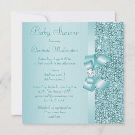 Blauwgroen Sequins, Baby shower met zwoerd en diam Kaart (Achterkant)