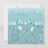 Blauwgroen Sequins, Bow & Diamond Birthday Party Kaart (Voorkant)