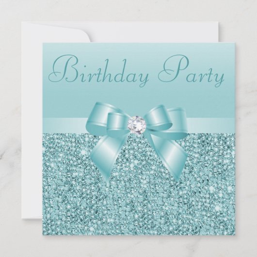 Blauwgroen Sequins, Bow & Diamond Birthday Party Kaart (Voorkant)