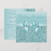 Blauwgroen Sequins, Bow & Diamond Bruiloft Kaart (Voorkant / Achterkant)