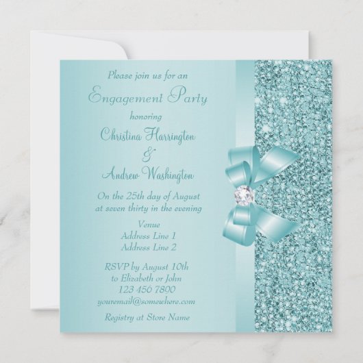 Blauwgroen Sequins, Bow & Diamond Engagement Party Kaart (Achterkant)