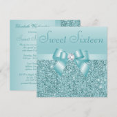 Blauwgroen Sequins, Bow & Diamond Sweet 16 Kaart (Voorkant / Achterkant)