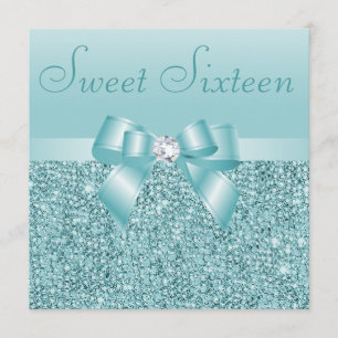 Blauwgroen Sequins, Bow & Diamond Sweet 16 Kaart