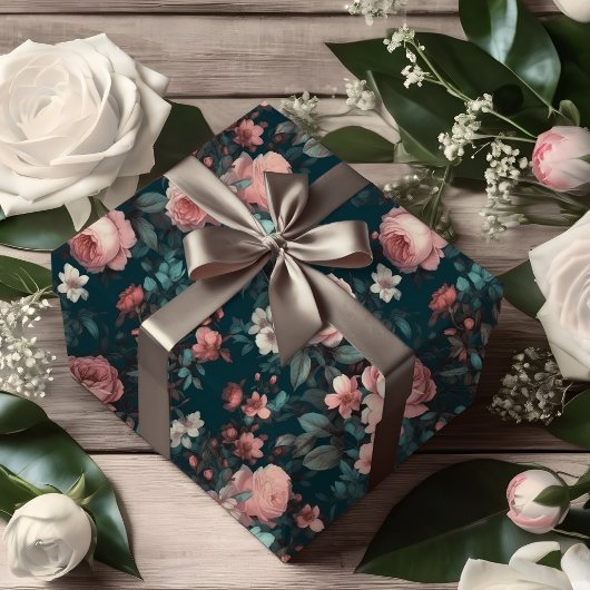 Blauwgroen sereniteit met roze rozentuin cadeaupapier