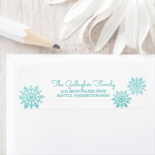 Blauwgroen Shimmering Chic Snowflake Holiday Etiket (Insitu)