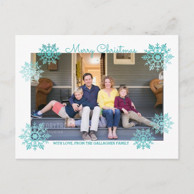 Blauwgroen Shimmering Chic Snowflake Holiday Foto Feestdagenkaart (Voorkant)