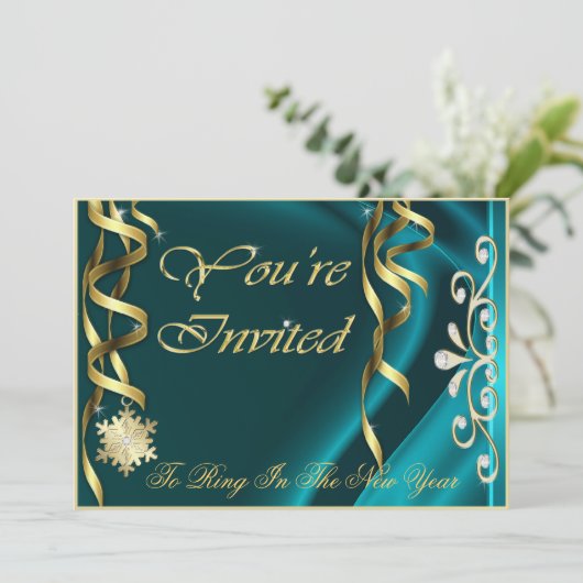 Blauwgroen Shimmering Soiree New Years Eve Invitat Kaart (Staand voorkant)