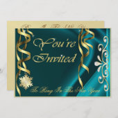 Blauwgroen Shimmering Soiree New Years Eve Invitat Kaart (Voorkant / Achterkant)