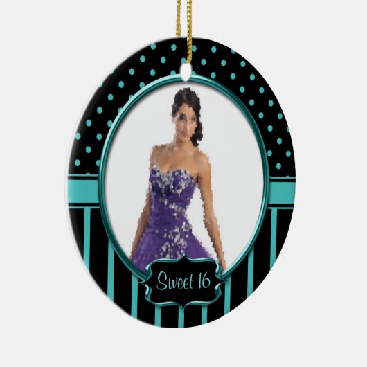 Blauwgroen sierstrips Stippen Sweet 16 Keramisch Ornament (Rechts)