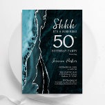 Blauwgroen Silver Agaat Verrassing 50e Verjaardag Kaart<br><div class="desc">Blauwgroen en zilveren agaat verrassing 50ste verjaardagsfeestuitnodiging. Elegant modern ontwerp met turquoise blauwgroen blauwe waterverf agaat marmeren geode achtergrond,  faux glitter zilver en typografie script lettertype. Trendy uitnodigingskaart perfect voor een stijlvol vrouwenfeest. Gedrukte Zazzle-uitnodigingen of direct download digitale afdrukbare sjabloon.</div>