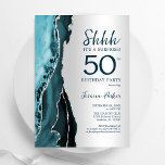 Blauwgroen Silver Agaat Verrassing 50e Verjaardag Kaart<br><div class="desc">Blauwgroen en zilveren agaat surprise 50ste verjaardagsfeestuitnodiging. Elegant modern design met waterverf agaat marmeren geode achtergrond,  faux glitter zilver en typografie script lettertype. Trendy uitnodigingskaart perfect voor een stijlvol vrouwenfeest. Gedrukte Zazzle-uitnodigingen of direct downloadbare digitale afdrukbare sjabloon.</div>