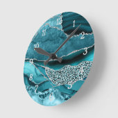 Blauwgroen Silver Agate Glitter Safari LEopard Pri Ronde Klok (Hoek)