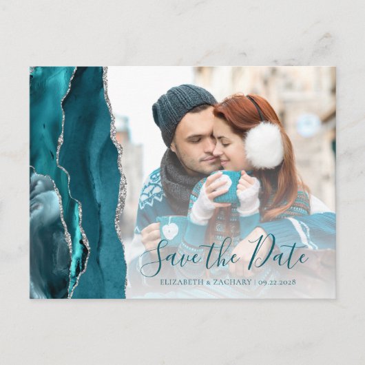Blauwgroen Silver Agate Photo Save the Date Briefkaart (Voorkant)