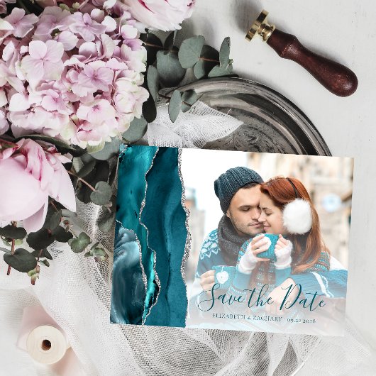 Blauwgroen Silver Agate Photo Save the Date Briefkaart
