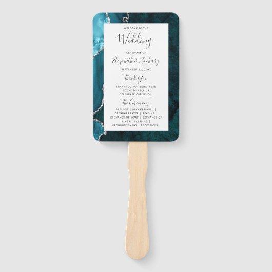 Blauwgroen Silver Agate Wedding Program Handwaaier (Voorkant)
