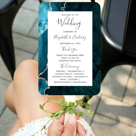 Blauwgroen Silver Agate Wedding Program Handwaaier