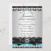 Blauwgroen Silver Black Lace Sweet 16 Birthday Par Kaart (Achterkant)