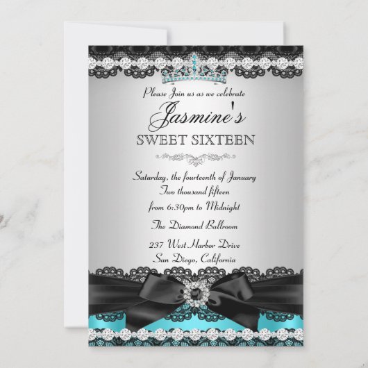 Blauwgroen Silver Black Lace Sweet 16 Birthday Par Kaart (Achterkant)