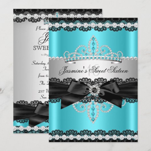 Blauwgroen Silver Black Lace Sweet 16 Birthday Par Kaart (Voorkant / Achterkant)