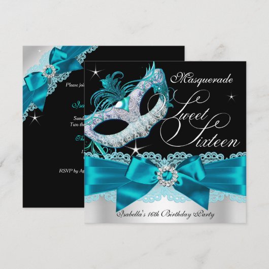 Blauwgroen Silver Bow Masquerade Sweet Sixteen Inv Kaart (Voorkant / Achterkant)