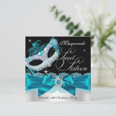 Blauwgroen Silver Bow Masquerade Sweet Sixteen Inv Kaart (Staand voorkant)