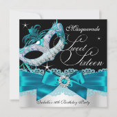 Blauwgroen Silver Bow Masquerade Sweet Sixteen Inv Kaart (Voorkant)