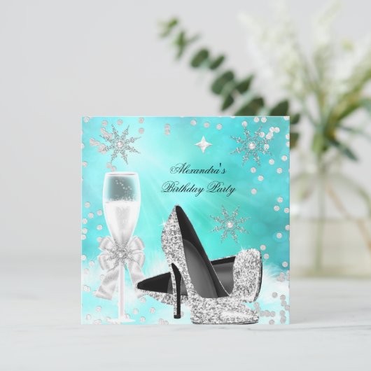 Blauwgroen Silver Champagne High Heels Birthday Kaart (Staand voorkant)