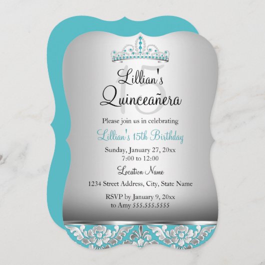 Blauwgroen Silver Damask Tiara Quinceanera Invite Kaart (Voorkant / Achterkant)